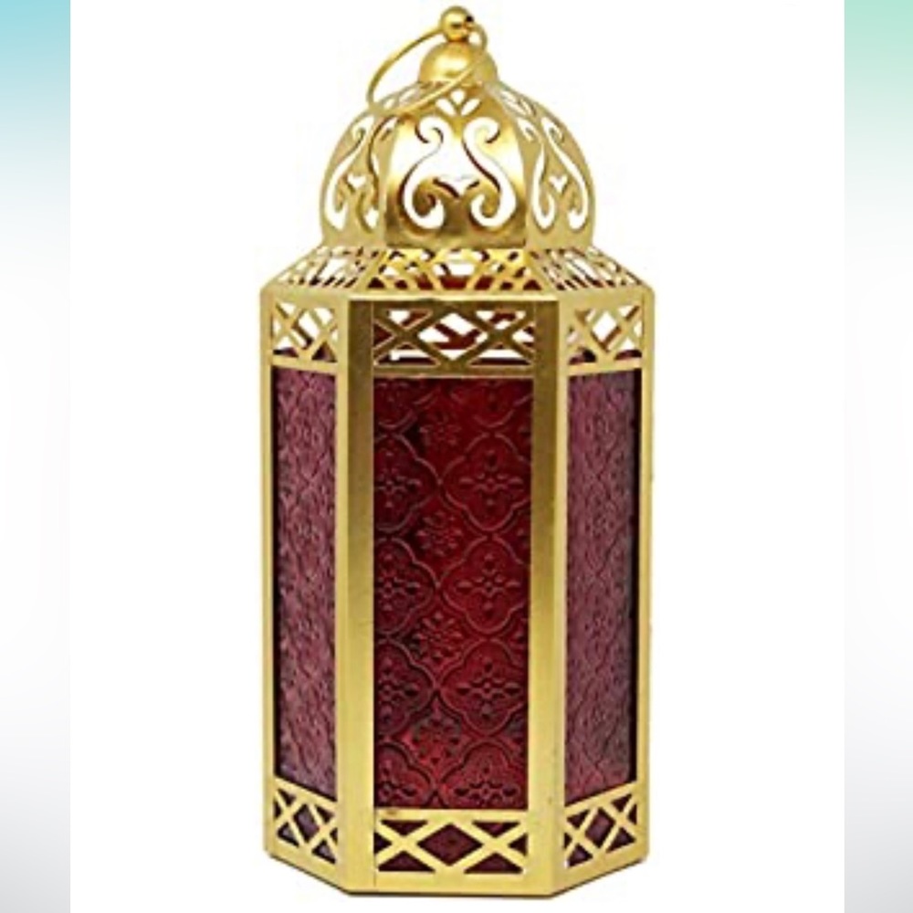 Lanterns Metal Moroccan Decorative Candle Lantern Holder for Ramadan, Gold, Red - Picture 3 of 5